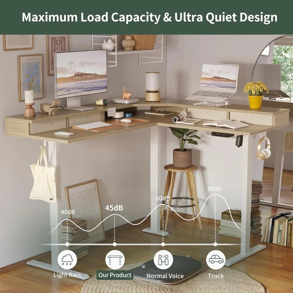 L Shaped Electric Adjustable Height Desk with 4 Drawers for Home Office