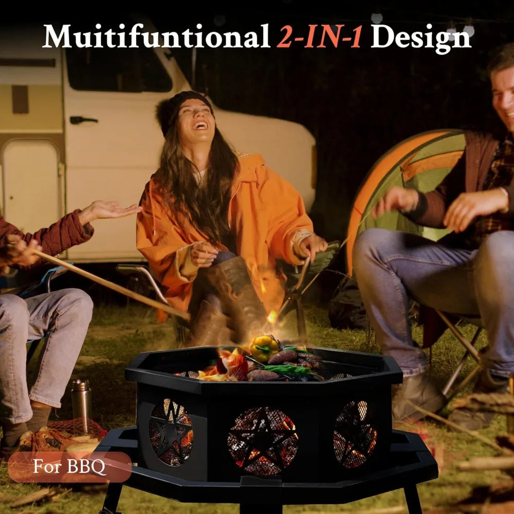 Ljustra 35 Inch Octagonal Fire Pit with Grill Outdoor Wood Burning