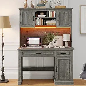 Farmhouse Executive Desk with Hutch LED Light Charging Station Storage