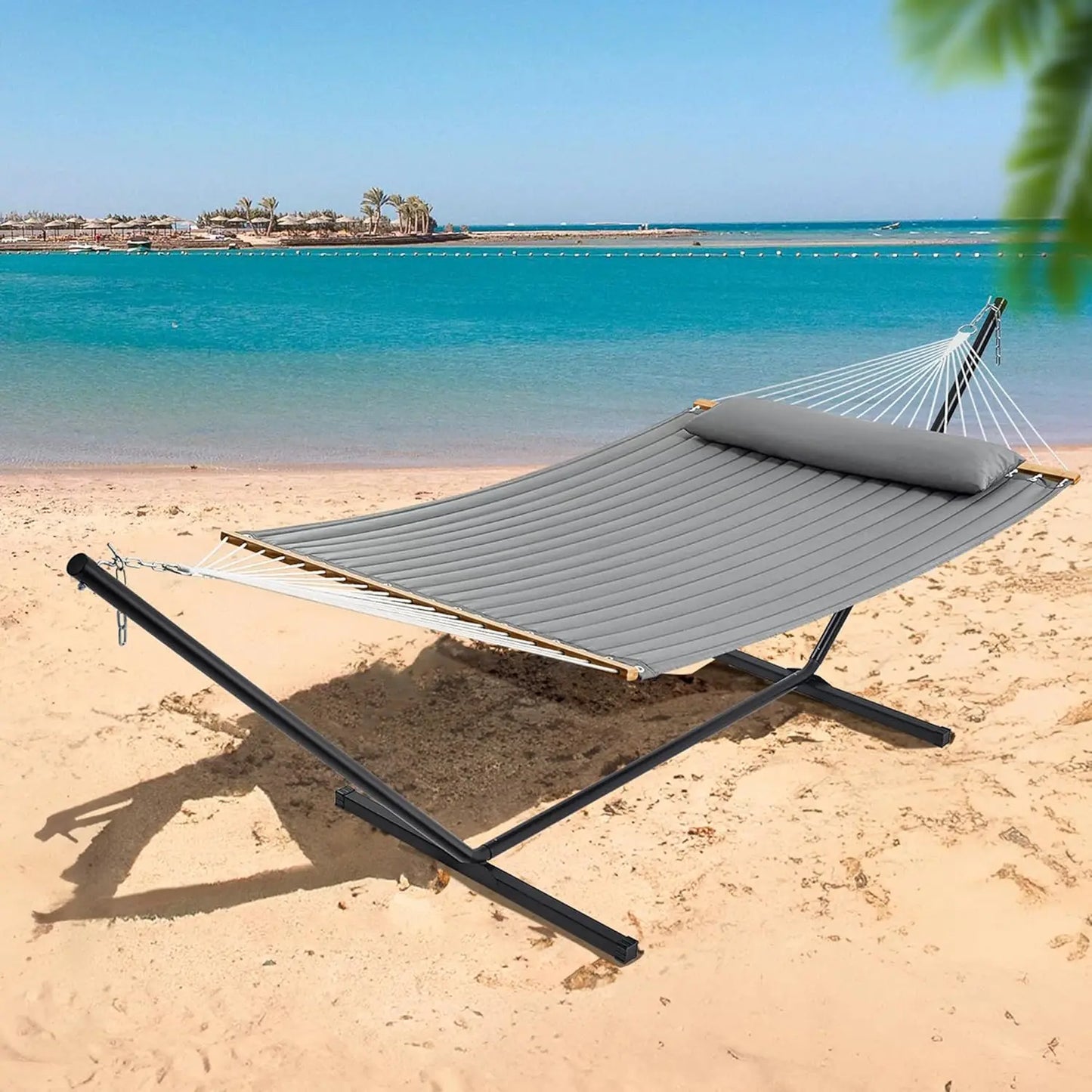 Hammock with Stand Quilted Outdoor Portable 2 Person Detachable Pillow