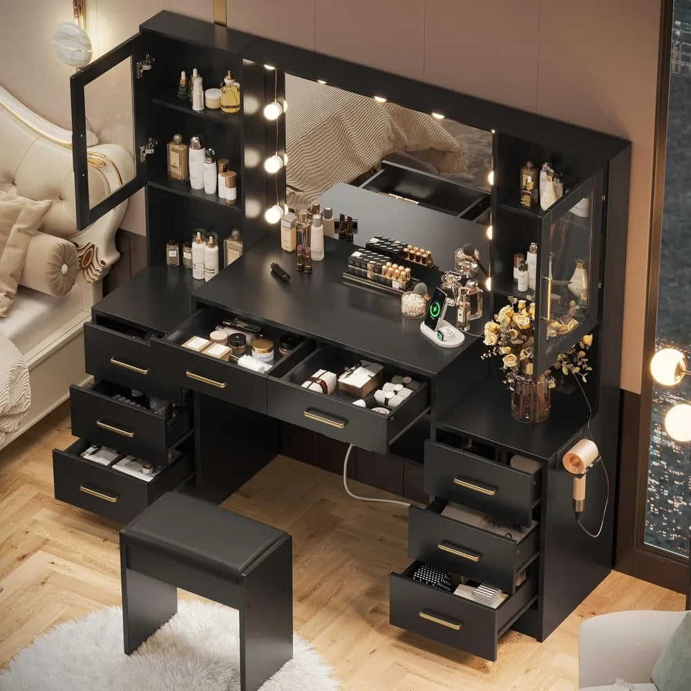 Black Vanity Desk with Mirror LED Lights Charging Station Makeup Table