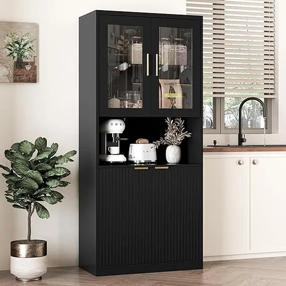 71 Inch Tall Kitchen Pantry Cabinet Fluted Storage with Glass Doors