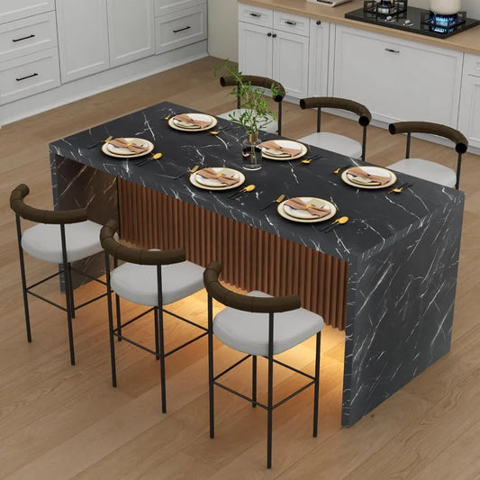 71 Inch Large Imitation Marble Dining Table with LED Lights for 4-6
