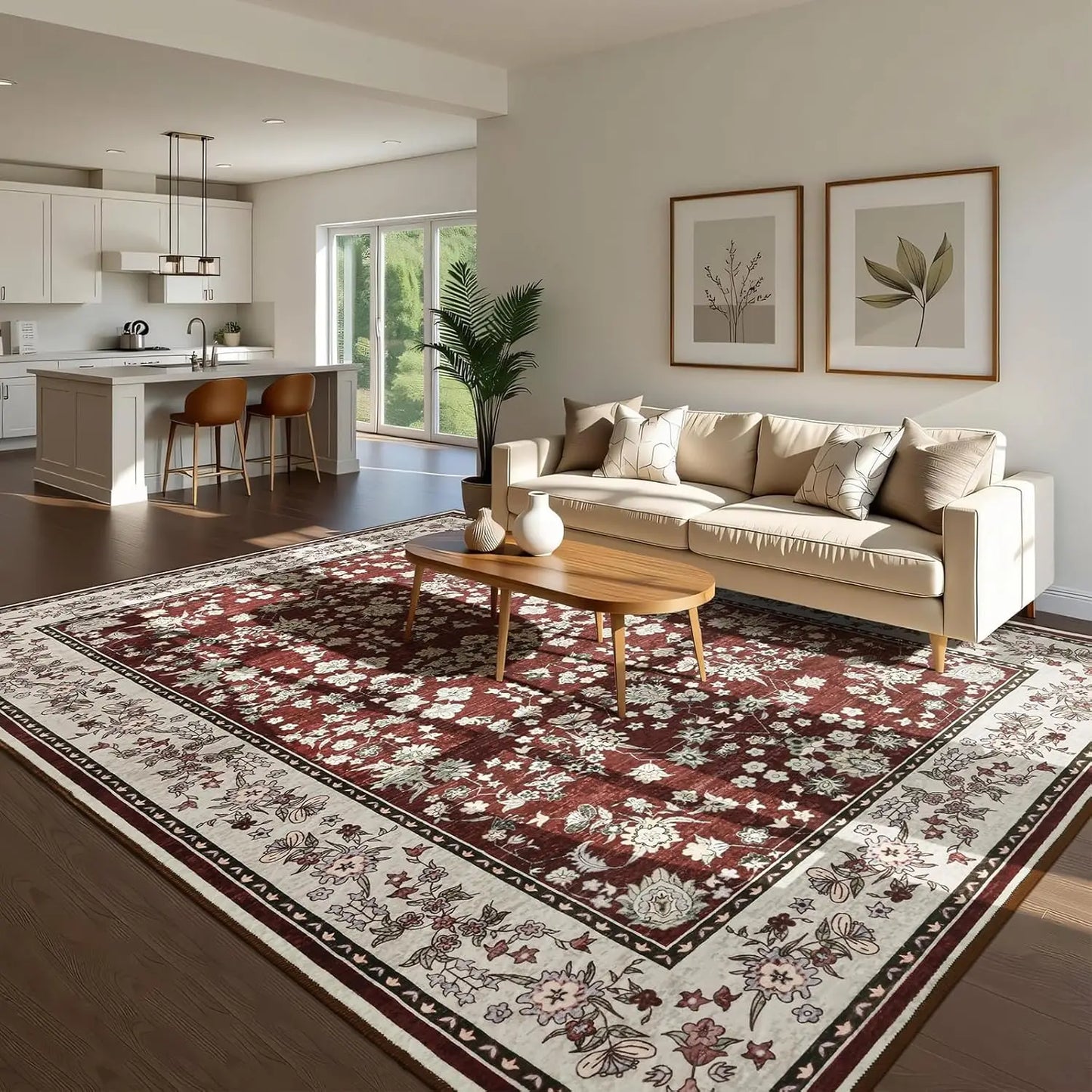 Ljustra Washable Area Rug Vintage Floral Print Non Slip Soft Carpet