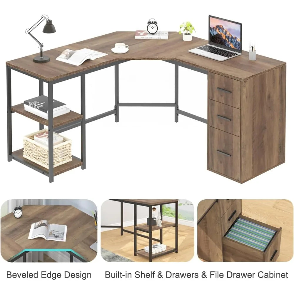Rustic L Shape Computer Desk with File Cabinet Reversible Corner Desk