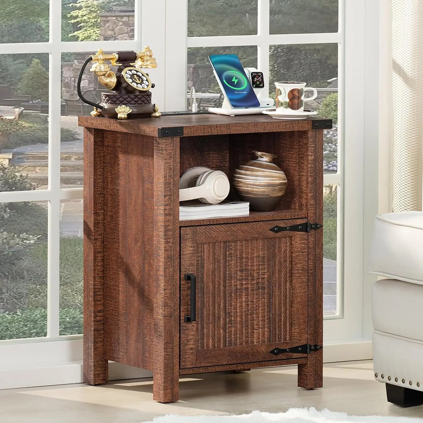 18 Inch Farmhouse Nightstand with Charging Station USB Ports Rustic Table