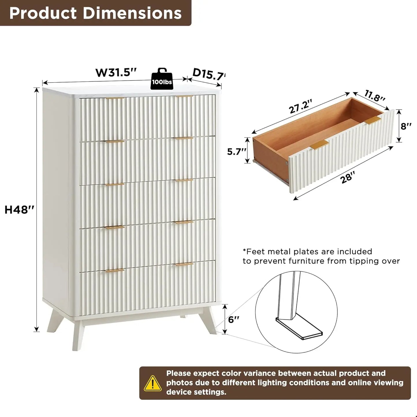 Fluted 5 Drawer Storage Dresser Tall Modern Chest Wooden Organizer