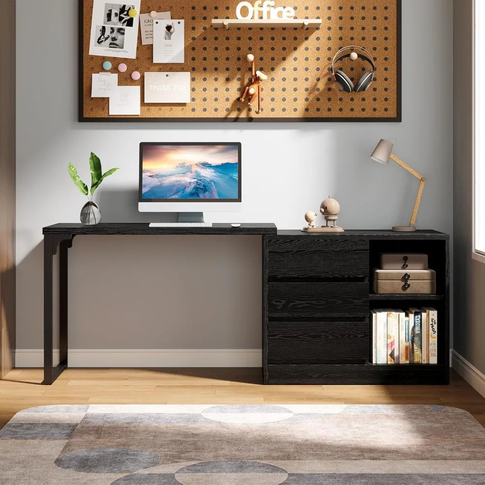 L-Shaped Computer Desk with Drawers Shelves Reversible Corner Office Desk