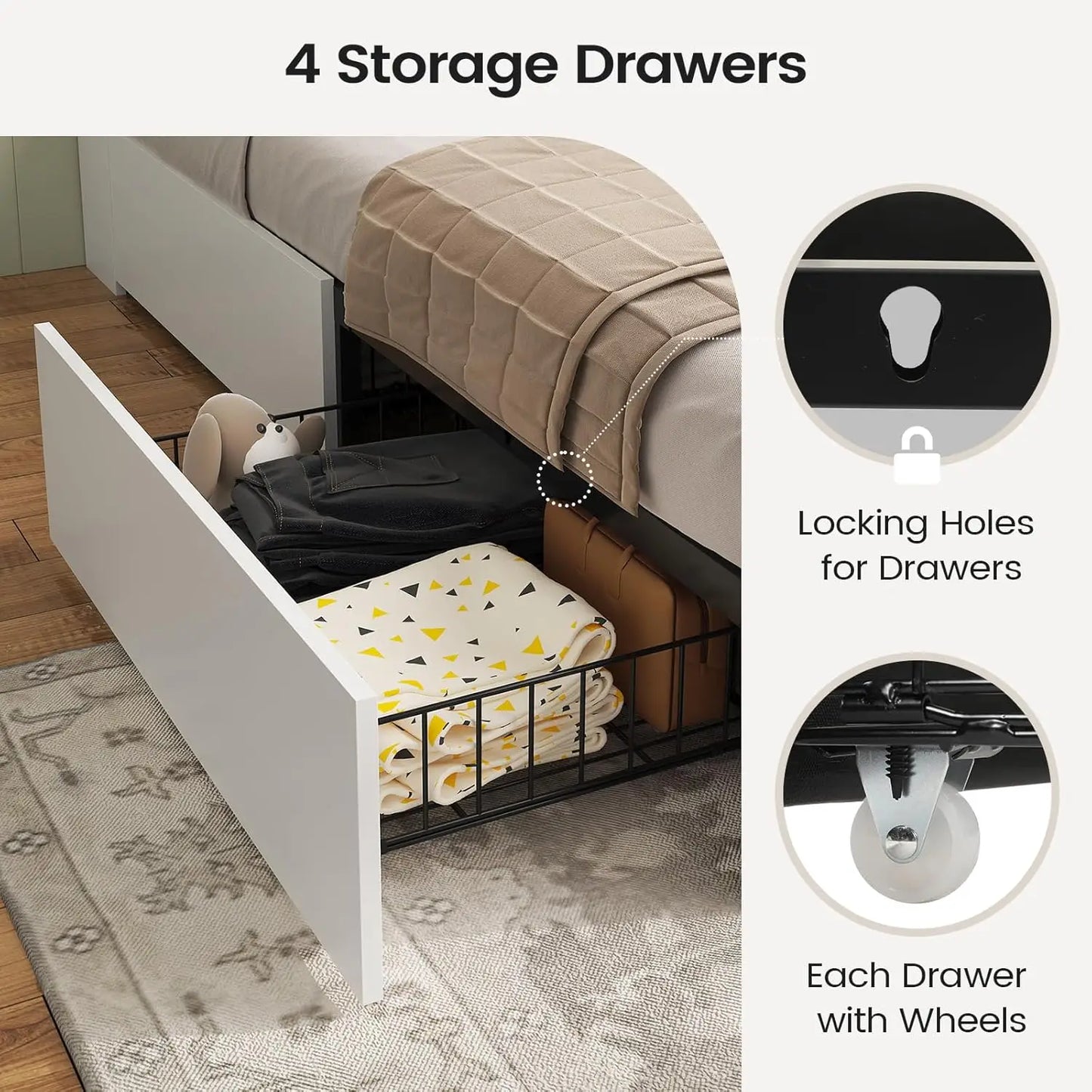 Farmhouse Queen Bed Frame with Storage Drawers and LED Lights