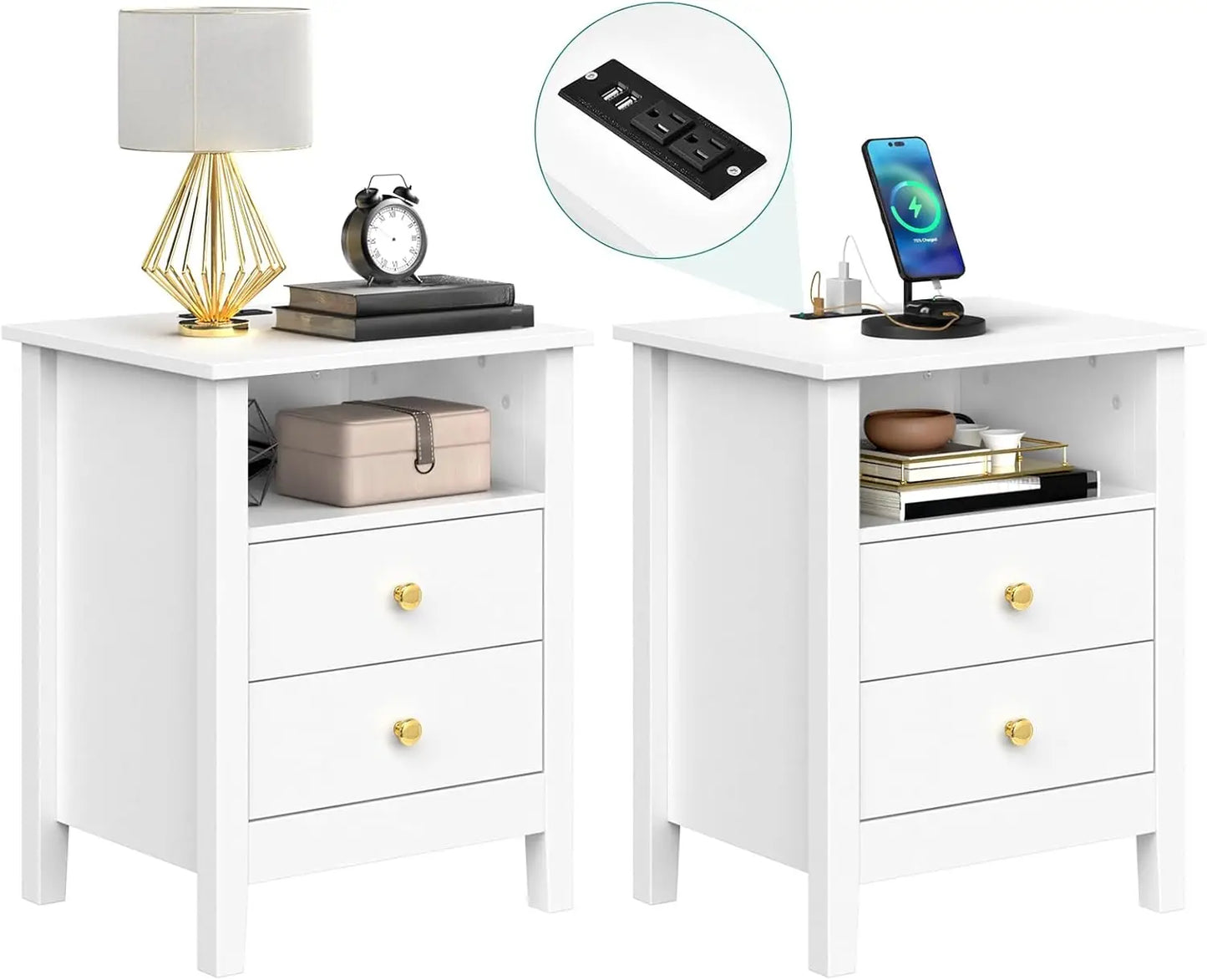 Nightstand with Charging Station Modern Bedside Table 2 Drawers USB