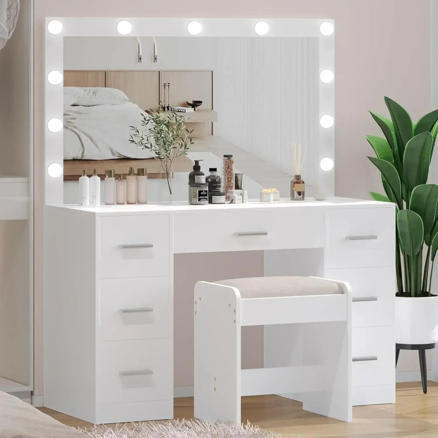 Vanity Desk with Stool Adjustable Brightness Lighted Mirror 3 Modes