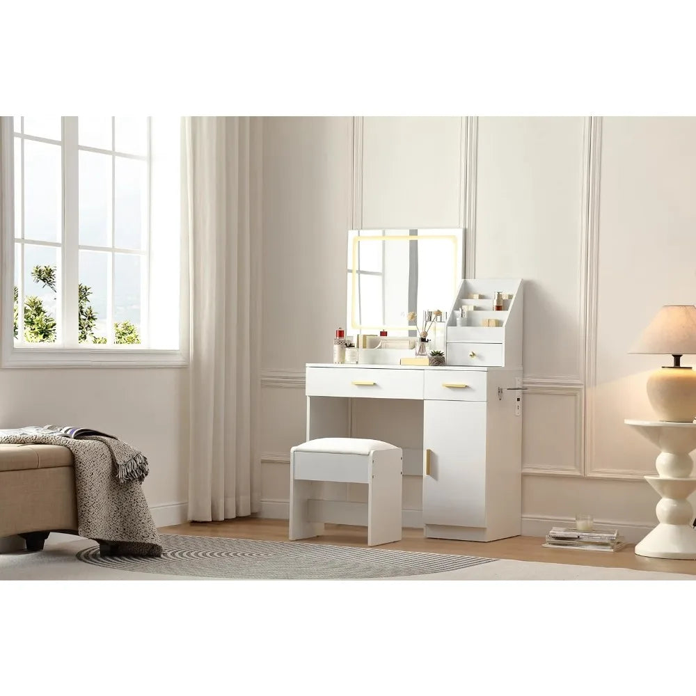 Ljustra Vanity Desk with Lighted Mirror and Makeup Organizer Comfy Chair