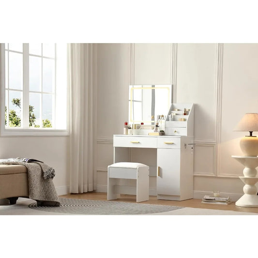 Ljustra Vanity Desk with Lighted Mirror and Makeup Organizer Comfy Chair