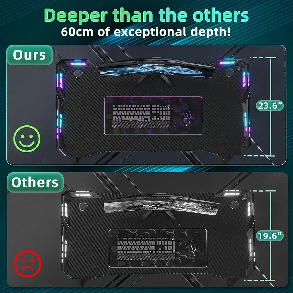 Gaming Desk With LED Lights Z Shaped Carbon Fiber Surface 40H Workstation