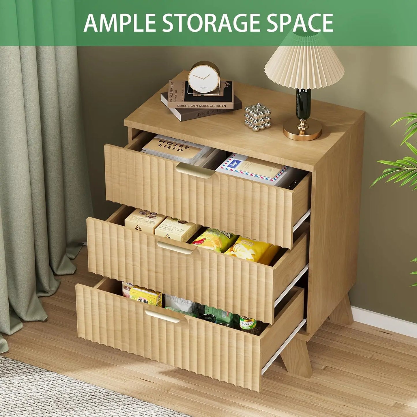 Fluted Nightstand 24 Inch Wide Side Table with 3 Storage Drawers