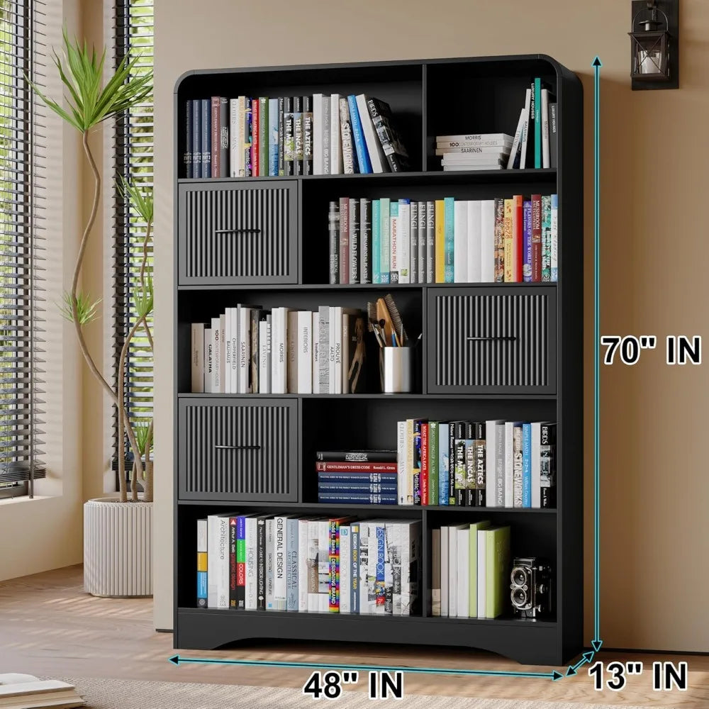 70 Inch Tall Bookshelf Modern 5 Tier Bookcase with Drawers and Bins
