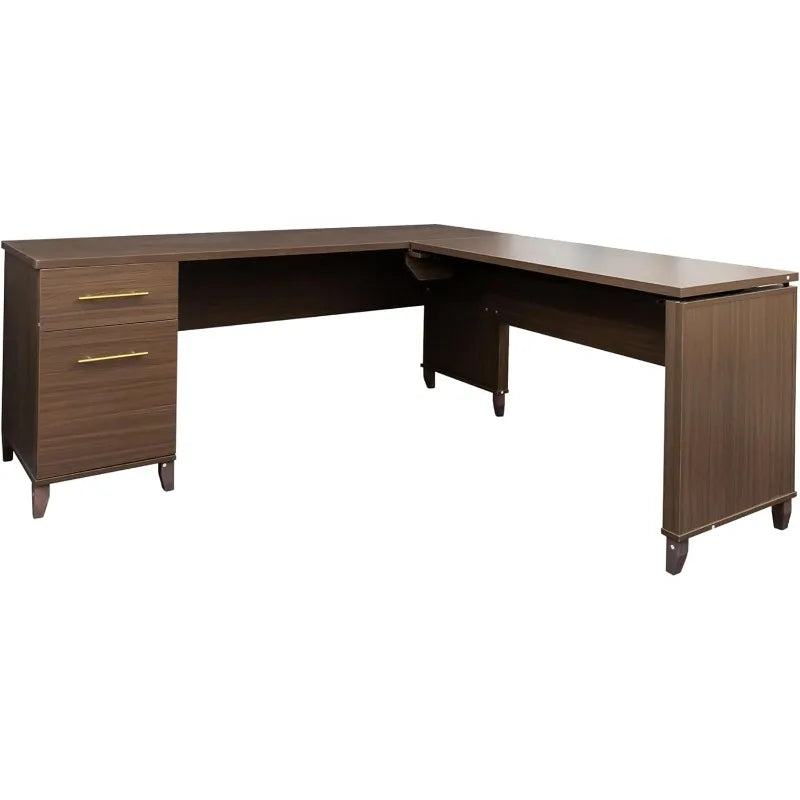 L-Shaped Adjustable Sit to Stand Desk with 2 Drawer File Cabinet Brown