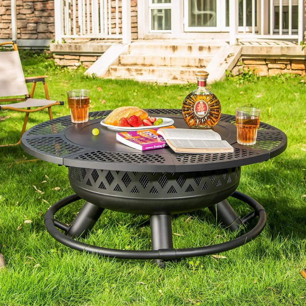 36 Inch Fire Pit with Grill Wood Burning Outdoor Fire Pit Table