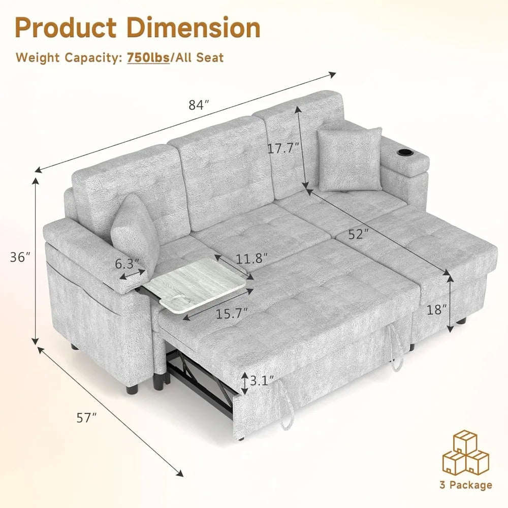 Ljustra 84 Inch Convertible Sectional Sofa L-Shape Pull Out Couch