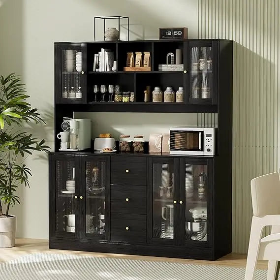 Large Kitchen Hutch Cabinet with Glass Doors and Drawers for Storage