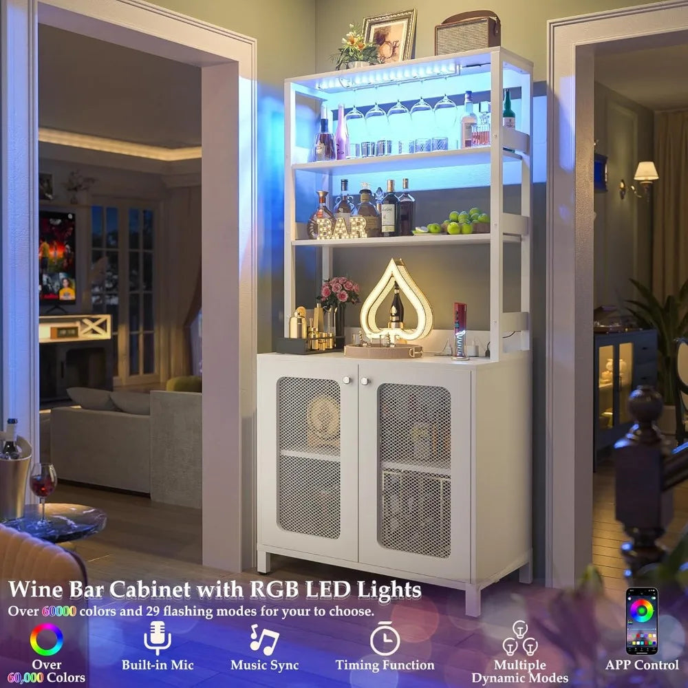 67 Inch Tall Bar Cabinet with Power Outlets and LED Lights