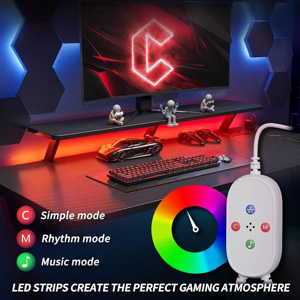 Aurora Gaming Desk L Shaped with LED Lights Power Outlets Storage Shelves