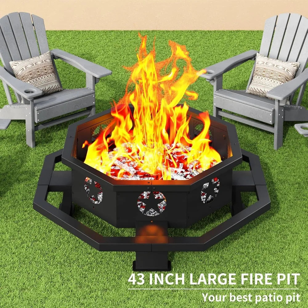 43 Inch Outdoor Fire Pit Octagonal Heavy Duty Wood Burning Firepit