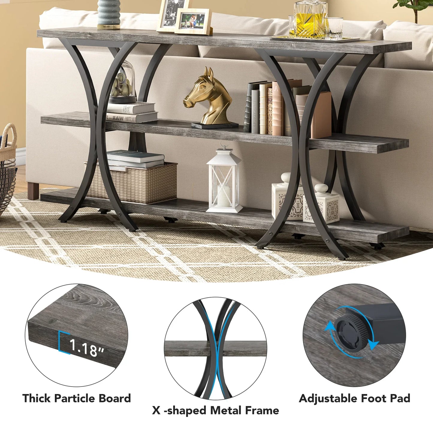 Ljustra 70.8 Inch Narrow Console Table Long Entry Table with 3 Shelves