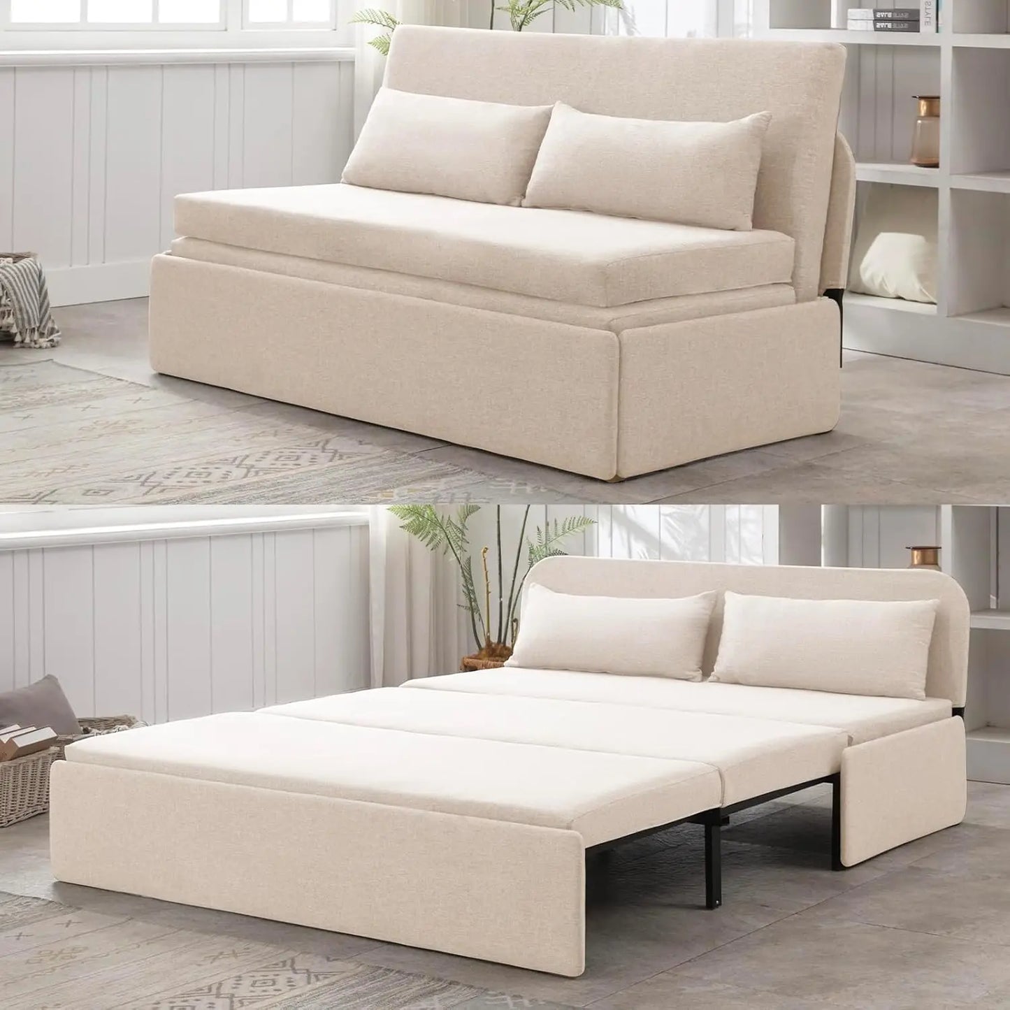 Queen Size Convertible Sofa Bed Couch with Pullout Beds and Pillows