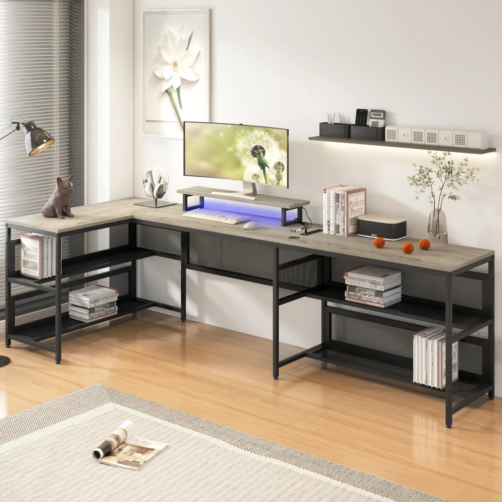 U Shaped Desk with LED Lights Power Outlets Monitor Stand Gaming Office