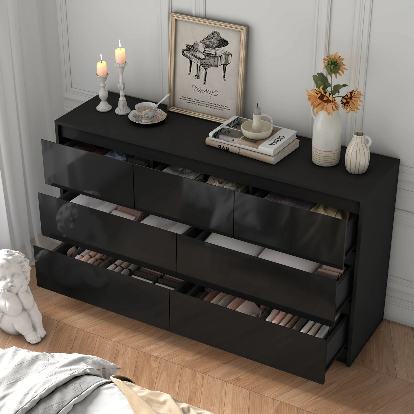 Modern 7 Drawer Dresser Spacious Storage High Gloss Bedroom Furniture