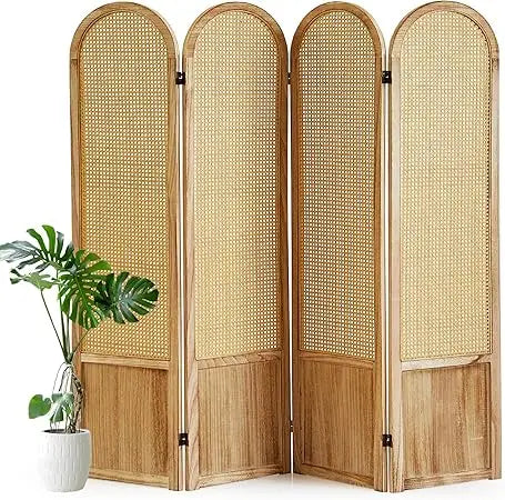 Hand-Woven Rattan Room Divider Folding Privacy Screen 5.6 Ft 4 Panels