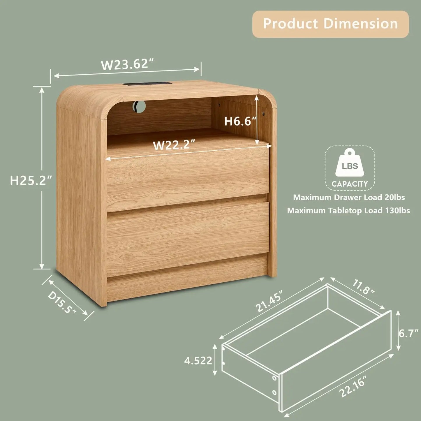 25 Inch Tall Modern Nightstand with Charging Station and 2 Drawers