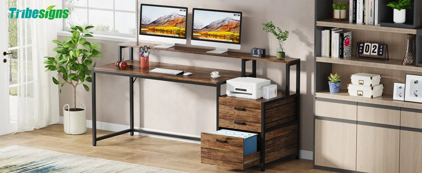 Ljustra 63 Inch Ergonomic Computer Desk with File Drawer Cabinet