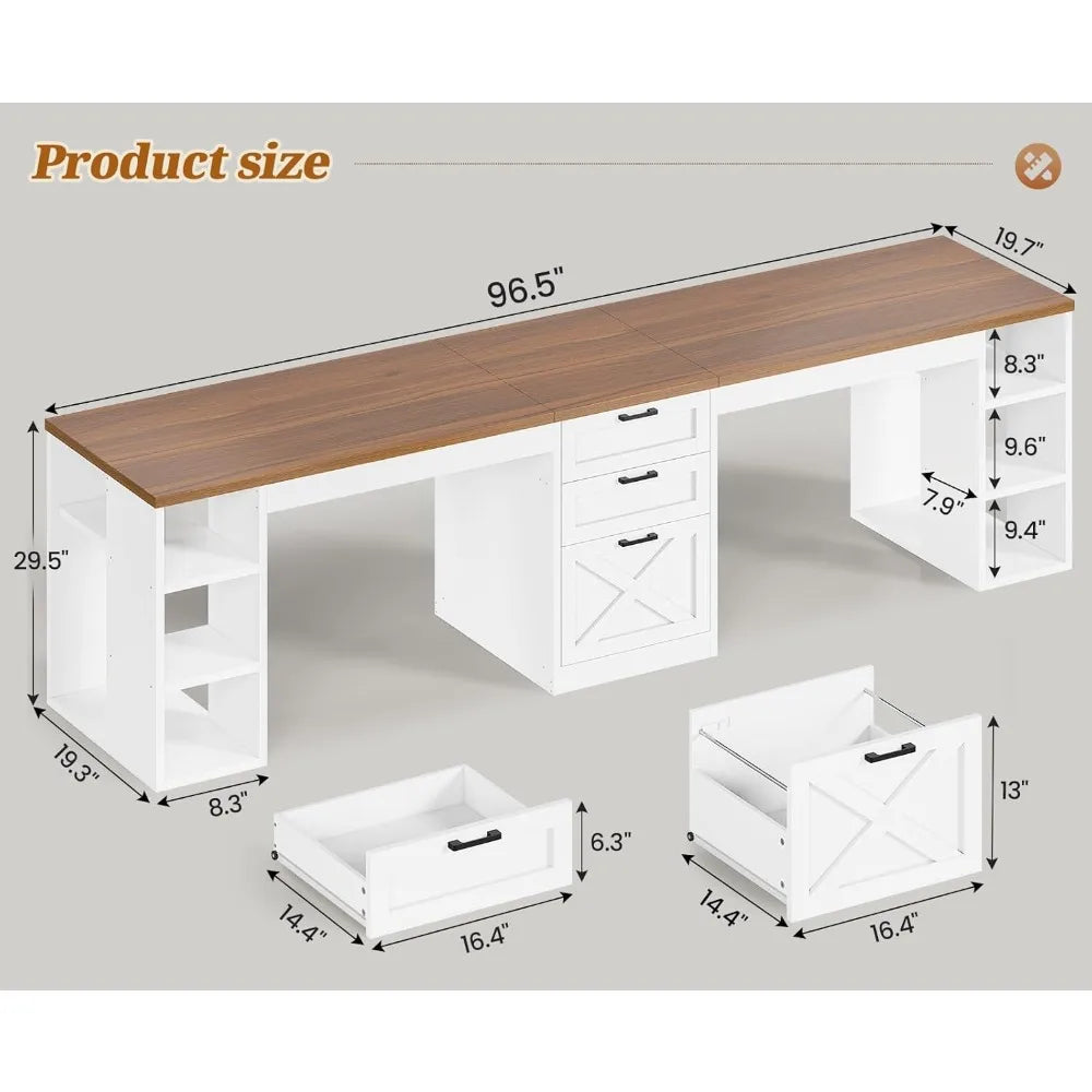 Farmhouse Computer Desk 96.5 Inch Two Person Office Gaming Desk with Drawers