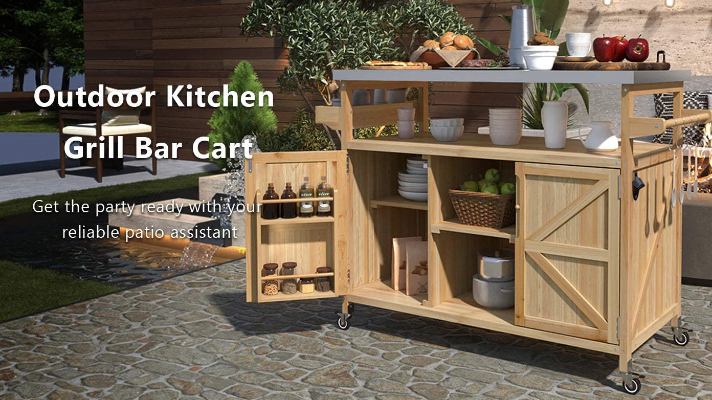 Outdoor Kitchen Island Rolling Bar Cart Storage Cabinet Grill Table