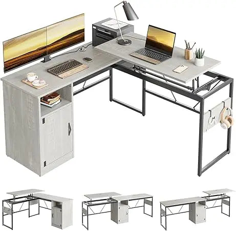 L Shaped Standing Desk Adjustable Height Corner Computer Desk with Cabinet