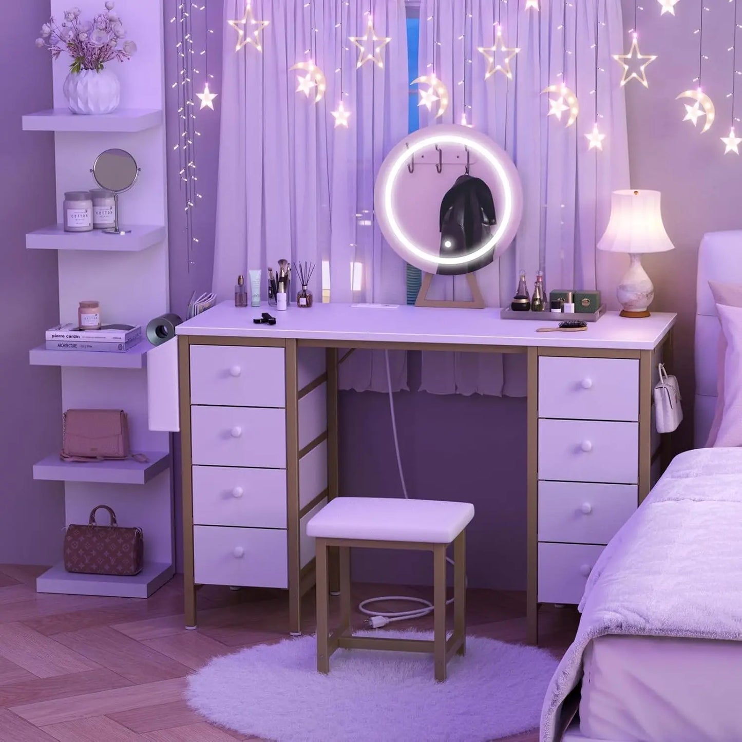 Ljustra Vanity Desk with Lighted Mirror and Chair 8 Drawers Power Outlet