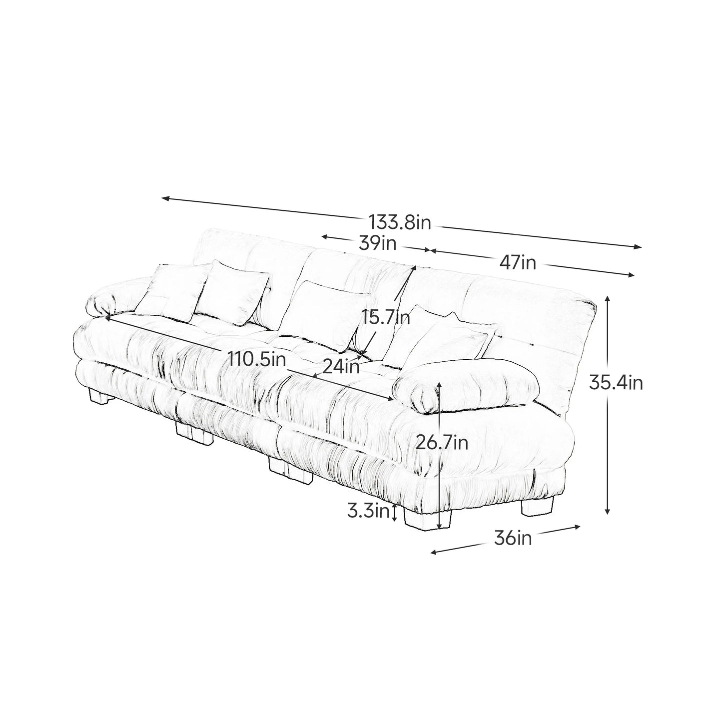 Premium 3 Seat Modular Sectional Sofa Deep Seat Chenille Couch