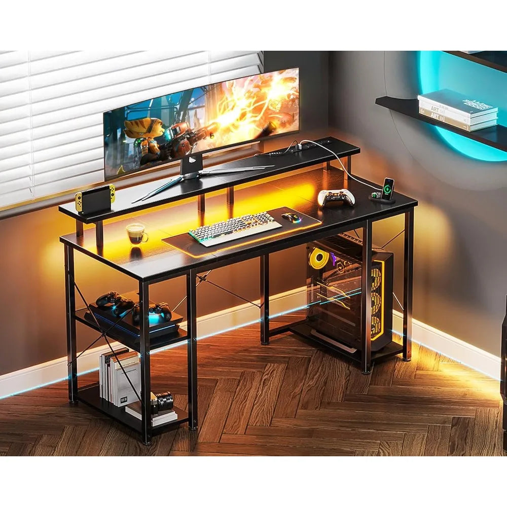 48 Inch Gaming Desk with LED Lights Power Outlets Monitor Stand Storage