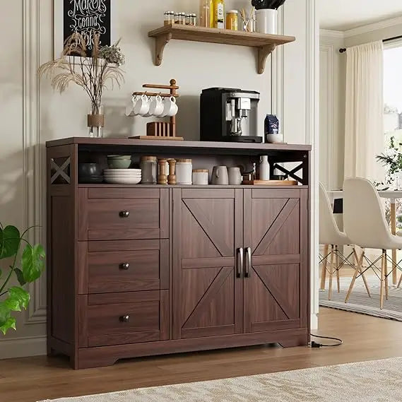 47 Inch Dark Brown Farmhouse Storage Cabinet with Barn Doors and Drawers