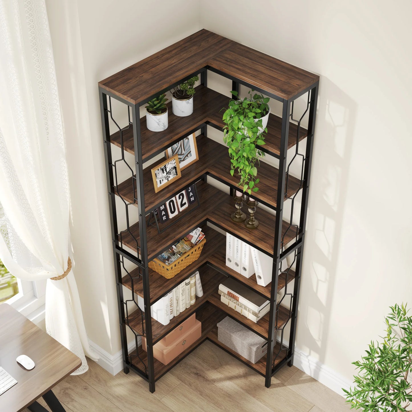 Ljustra 7-Tier Industrial Corner Shelf Wood Metal Bookcase Display Unit
