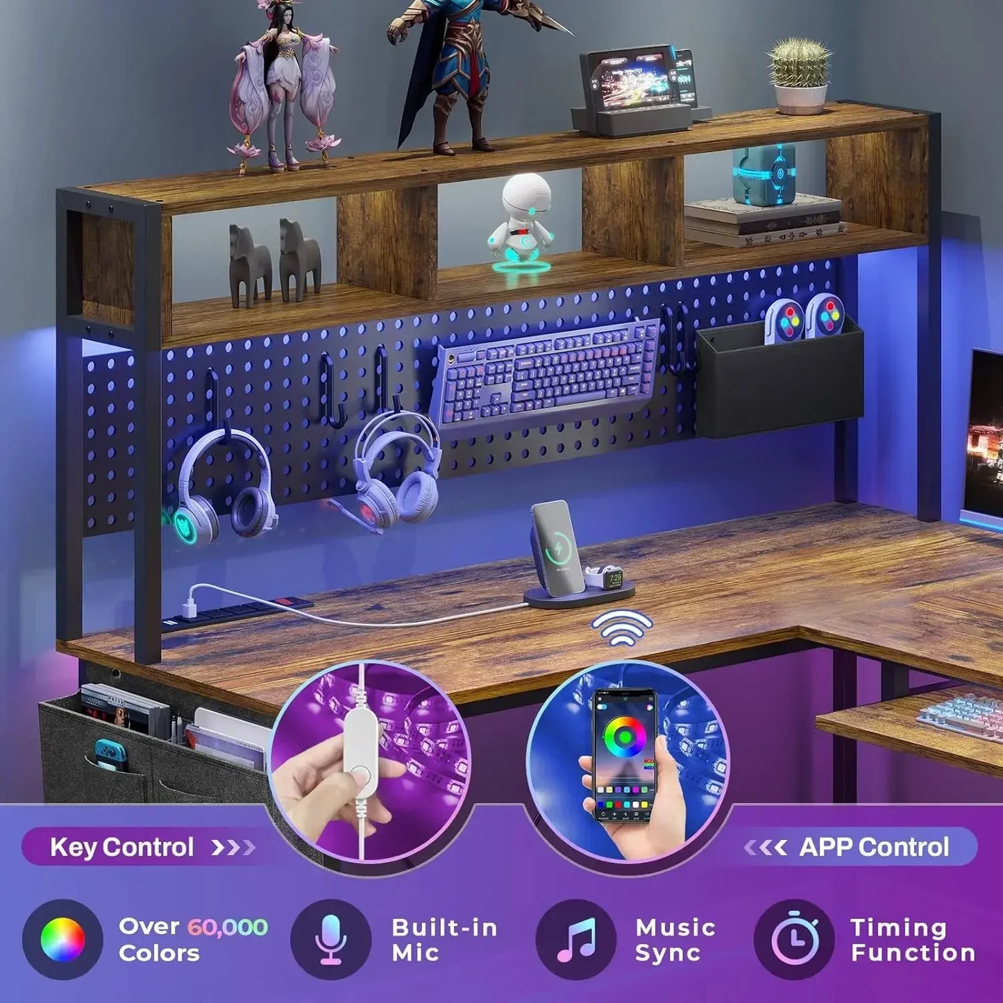 L Shaped Computer Desk with Power Outlet and LED Lights for Home Office