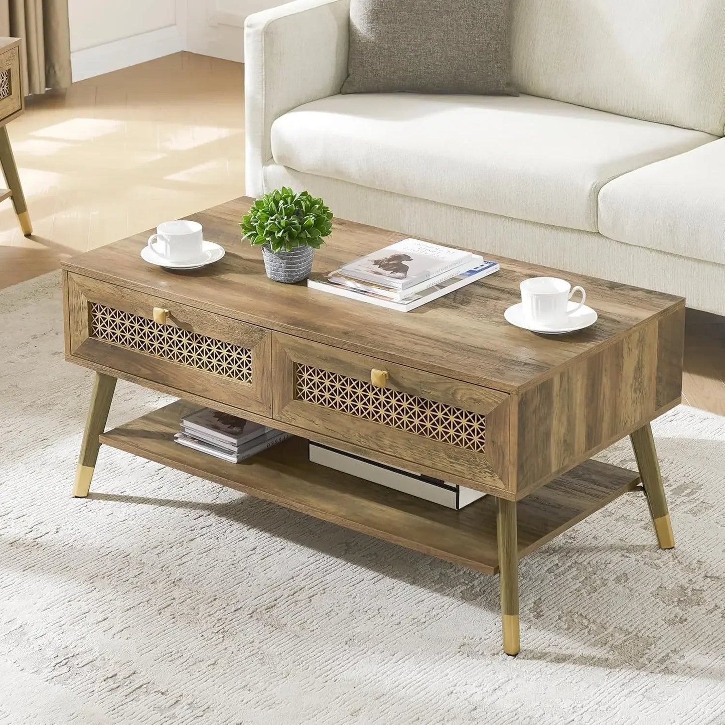 Wooden Mid Century Modern Coffee Table with Storage for Living Room