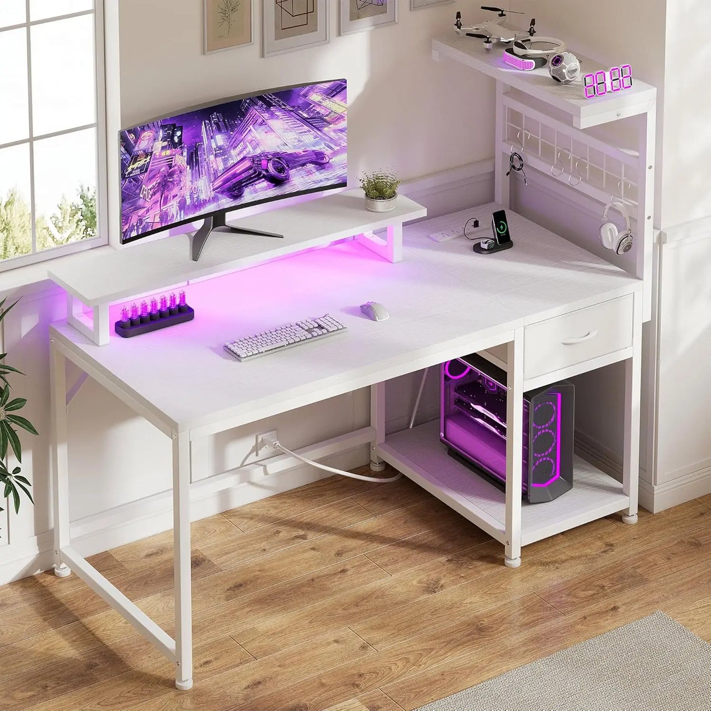 Ljustra 48 Inch Reversible Computer Desk with Power Outlets and LED Lights