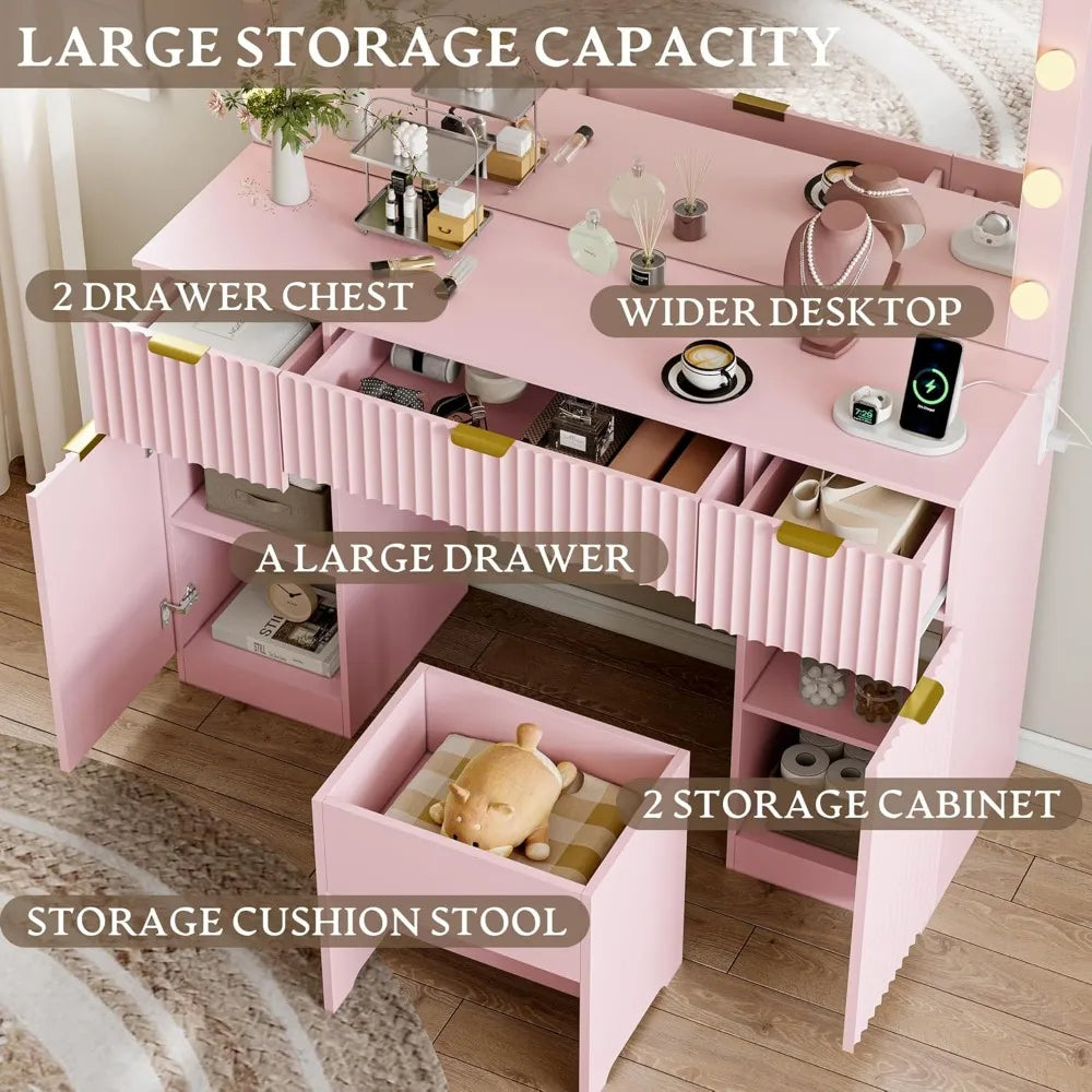 Fluted Vanity Desk with LED Mirror Charging Station 3 Light Modes