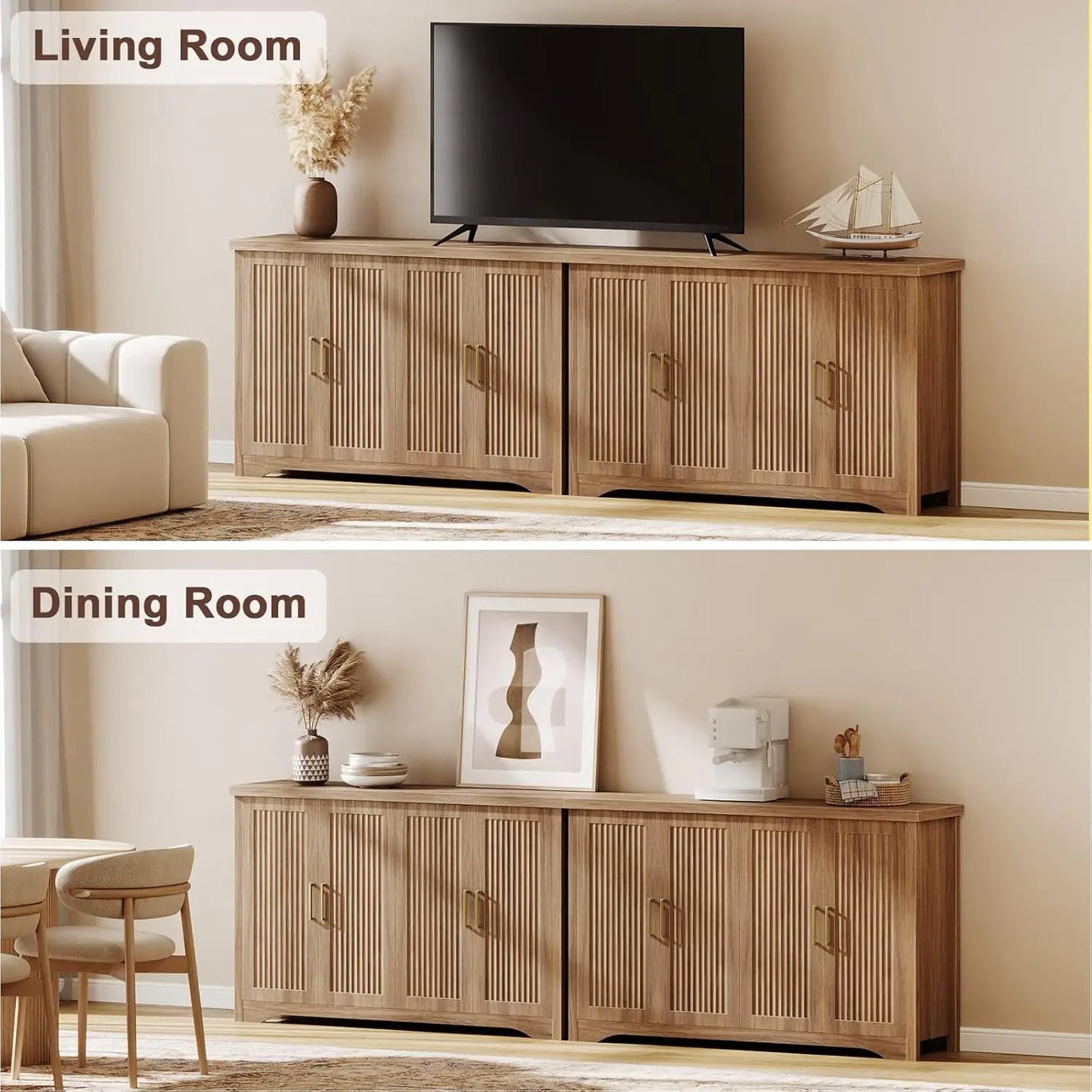 Fluted Buffet Cabinet Modern Sideboard with Storage Adjustable Shelves