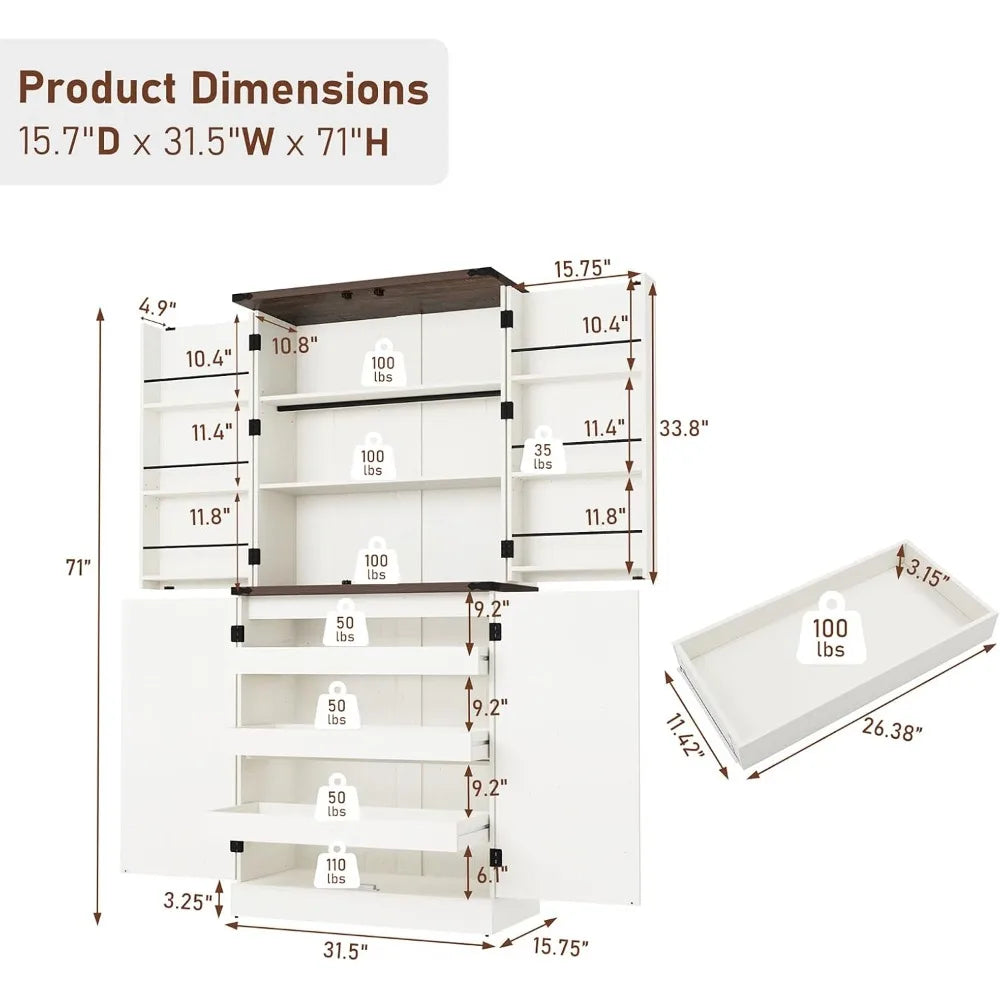 Farmhouse Kitchen Pantry Cabinet 71" Tall Rustic Storage Organizer