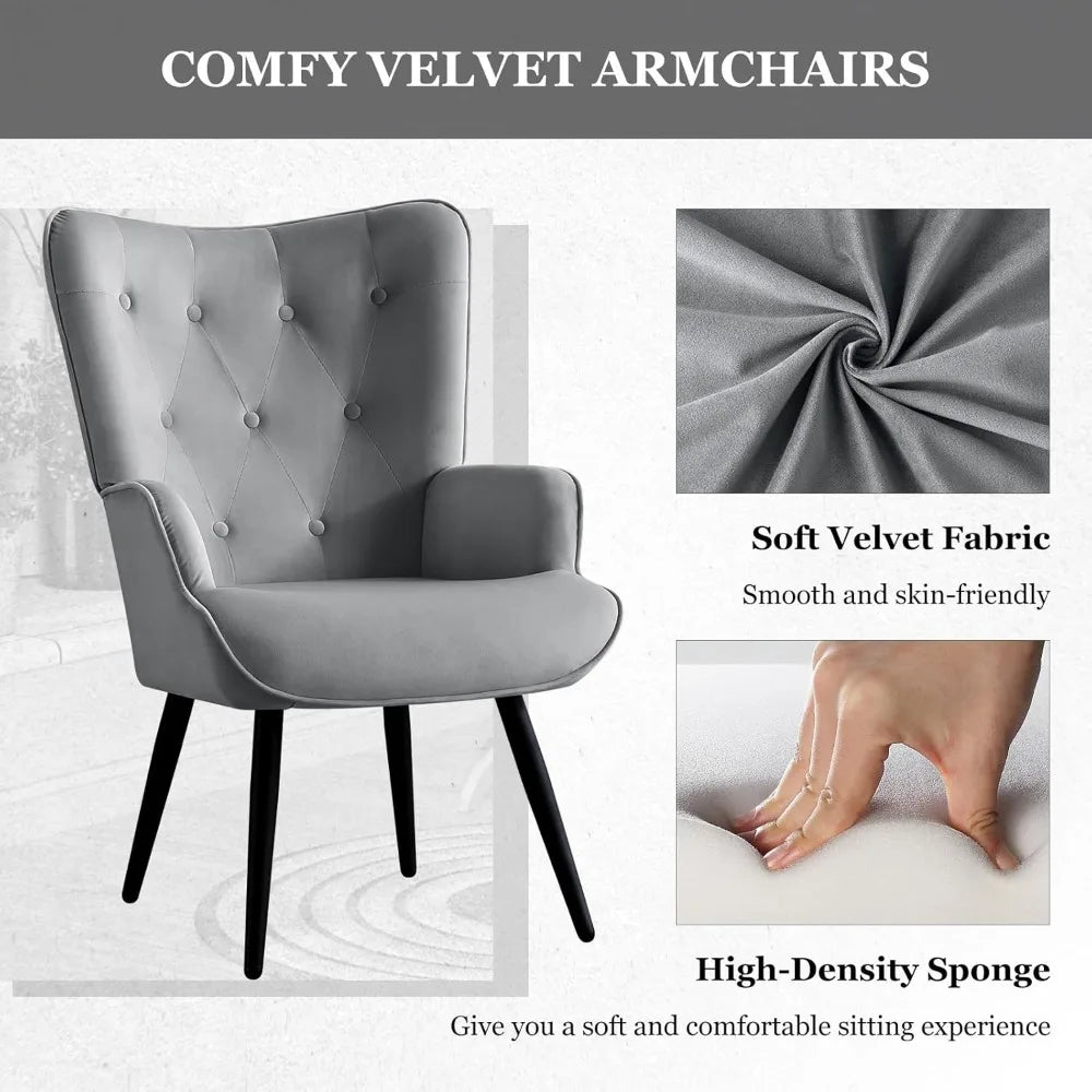 Grey Velvet Accent Chair Wingback Modern Living Room Furniture