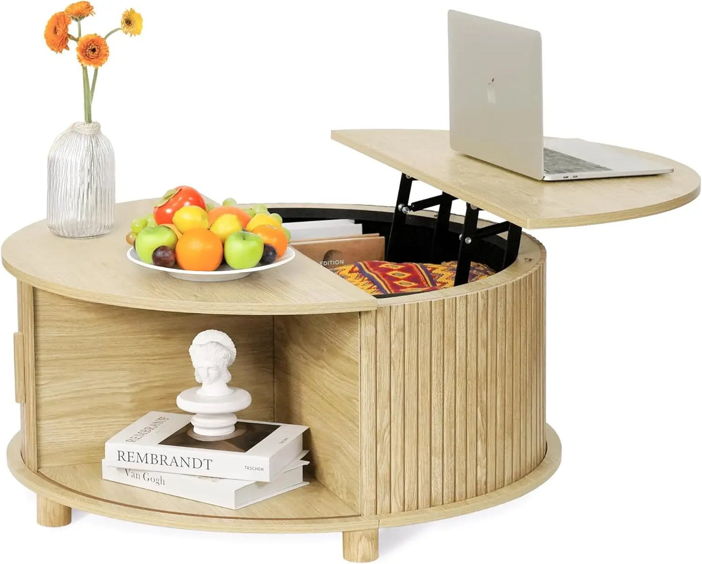 Round Lift Top Coffee Table with Storage Mid Century Modern Design